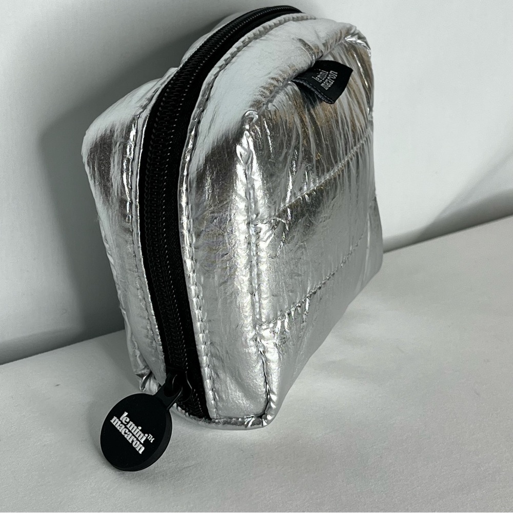 Le Mini Macaron Silver Disco Pouch-Quilted Nylon Zipper Pouch - Picture 2 of 10